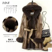 Fashion Lamb Leather and Fur Clothing Women Long Style Hooded